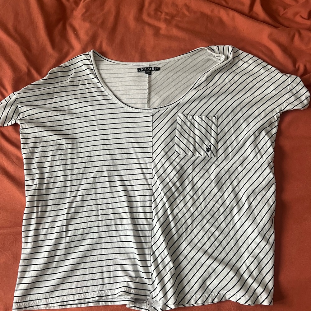 Volcom Women's Black and White Striped Short Sleeve Tee